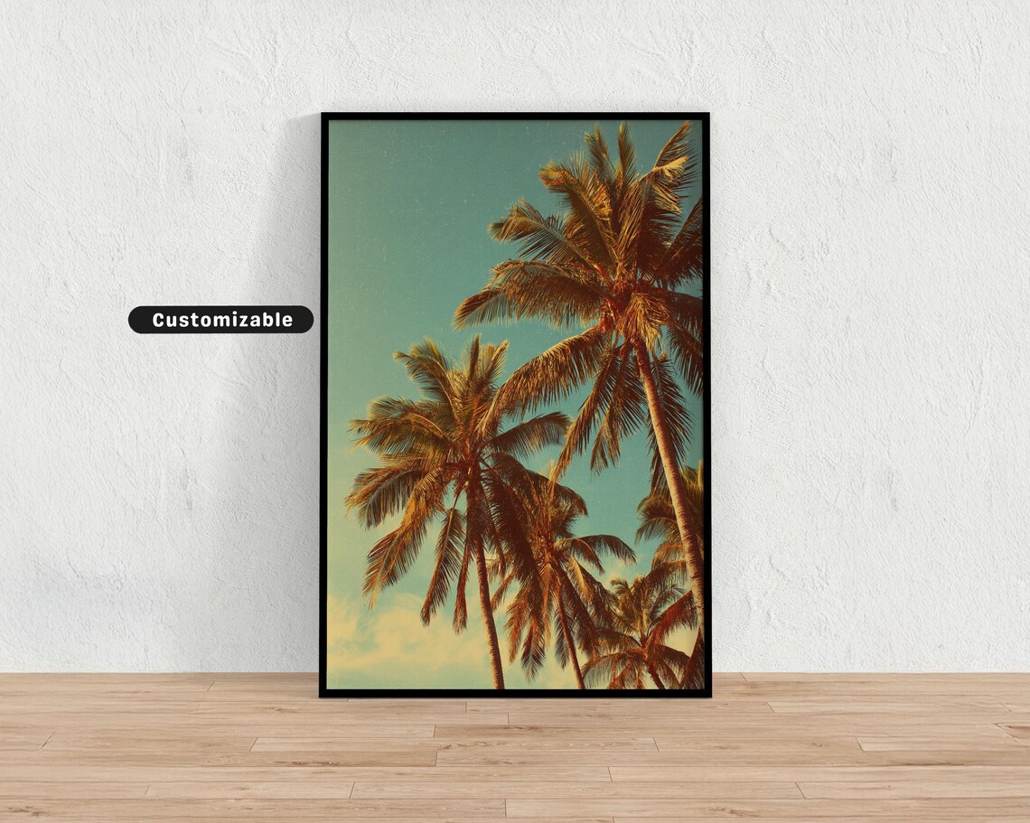 Tall Palm Trees Vintage Photo Teal Sky Tropical Beach Retro Coastal Art Poster