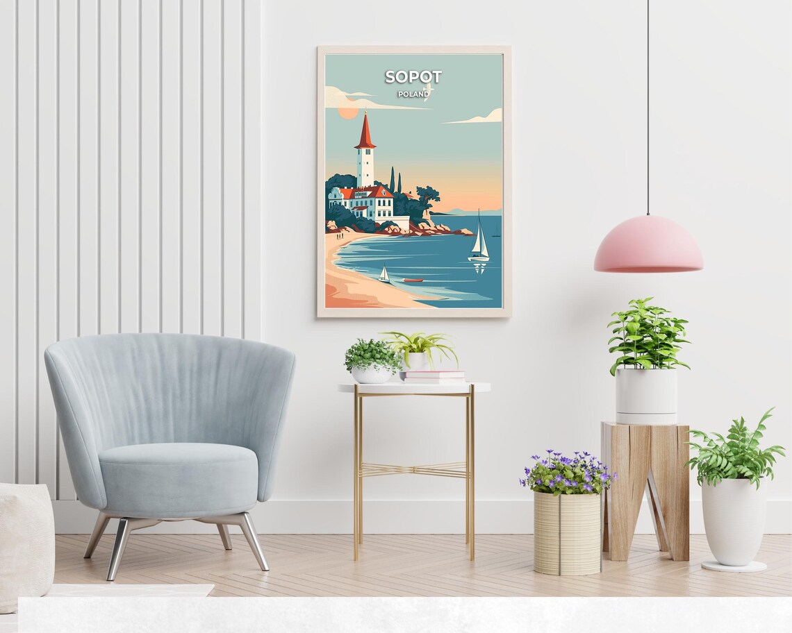 Sopot Poland Beach Lighthouse Sailboats Vintage Travel Poster - Image 2