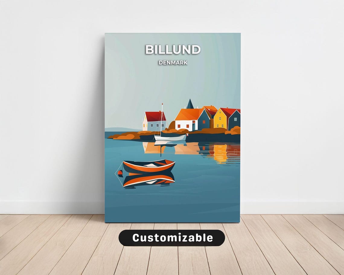 Billund Denmark Calm Bay Boats Seaside Vintage Travel Poster Art