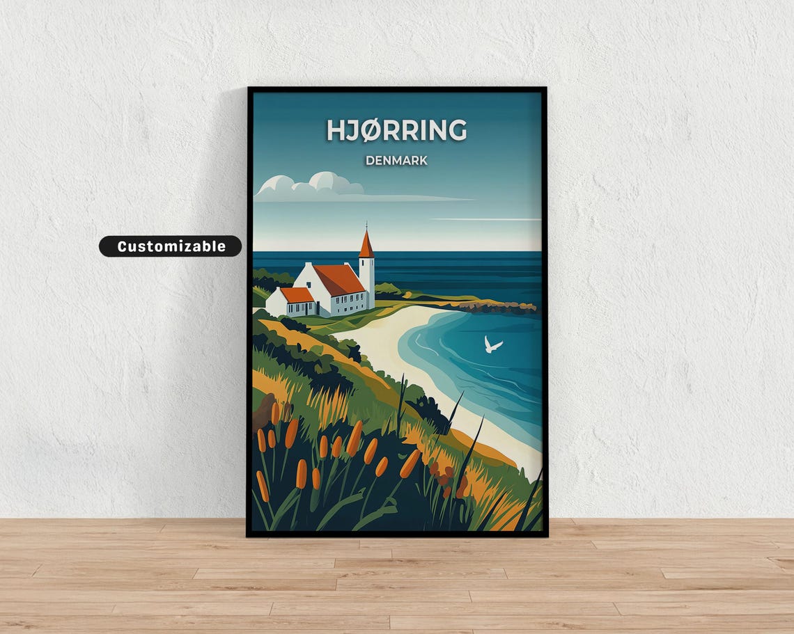 Hjorring Denmark Coastal Church Sandy Beach Cliffs Travel Poster