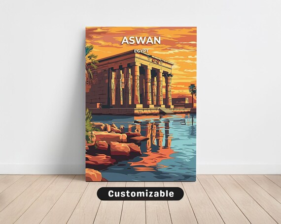 Aswan Egypt Sunset Travel Poster with Columned Temple and River Reflection