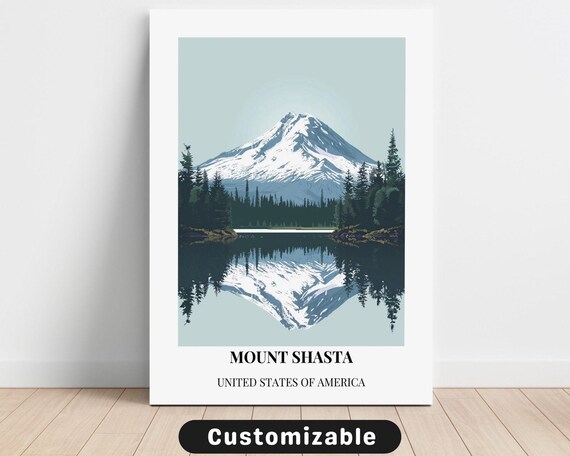 Mount Shasta California Minimalist Travel Poster Lake Reflection