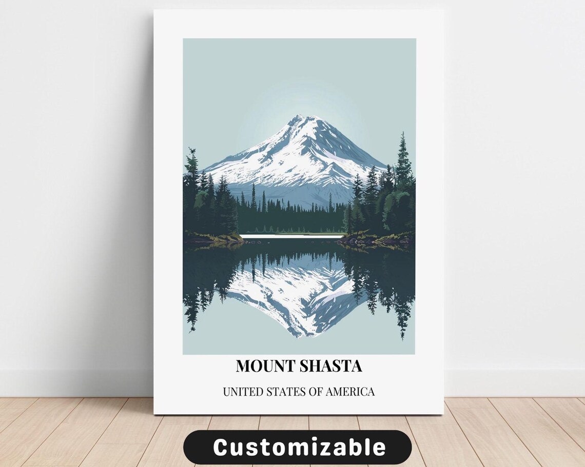 Mount Shasta California Minimalist Travel Poster Lake Reflection