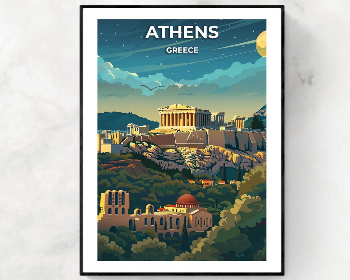 Athens Greece Acropolis Under a Starry Night Sky Retro Travel Poster