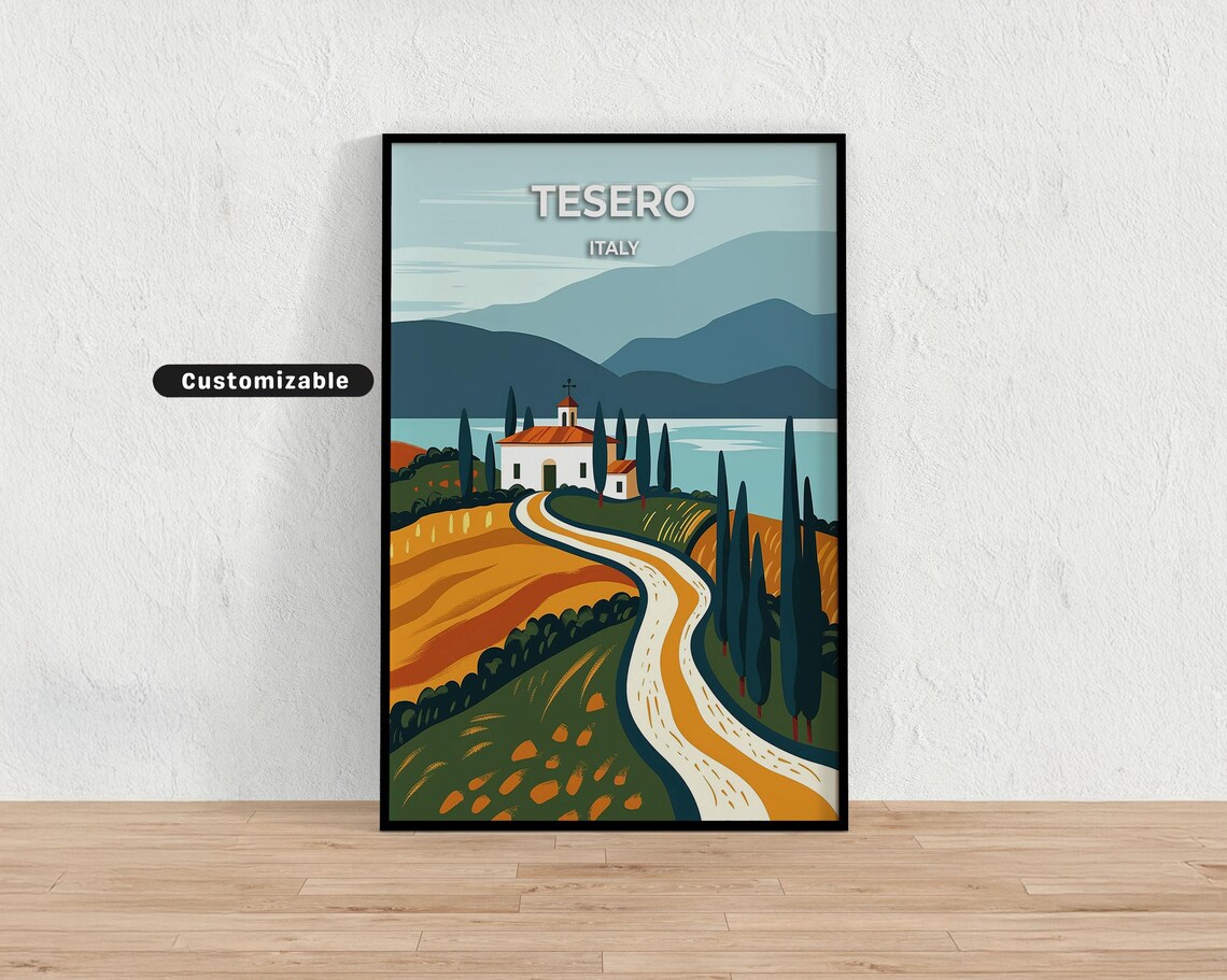 Tesero Italy Countryside Chapel Road Cypress Retro Travel Wall Art