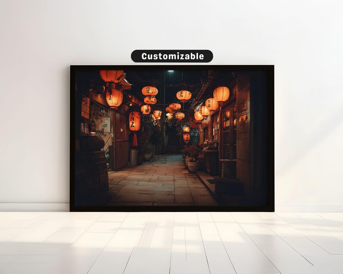 Paper Lanterns Glowing Over Wooden Alley At Night Japan Poster