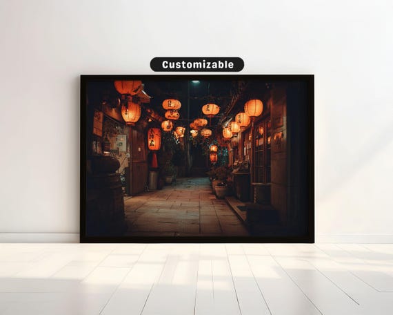 Old Paper Lanterns Glowing Above Wooden Alley At Night Japanese Wall Art Print Zen Asian Decor