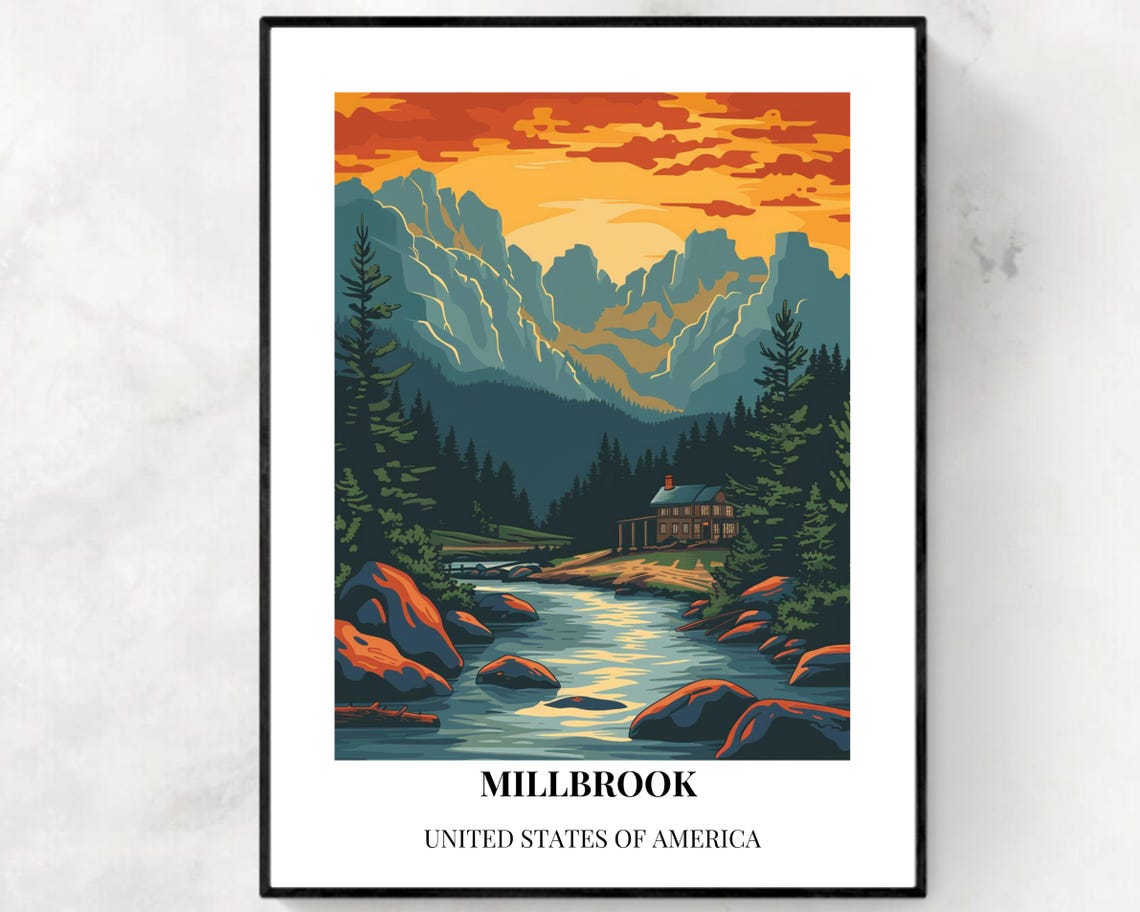 Millbrook Mountain River Cabin Travel Poster with Black Title