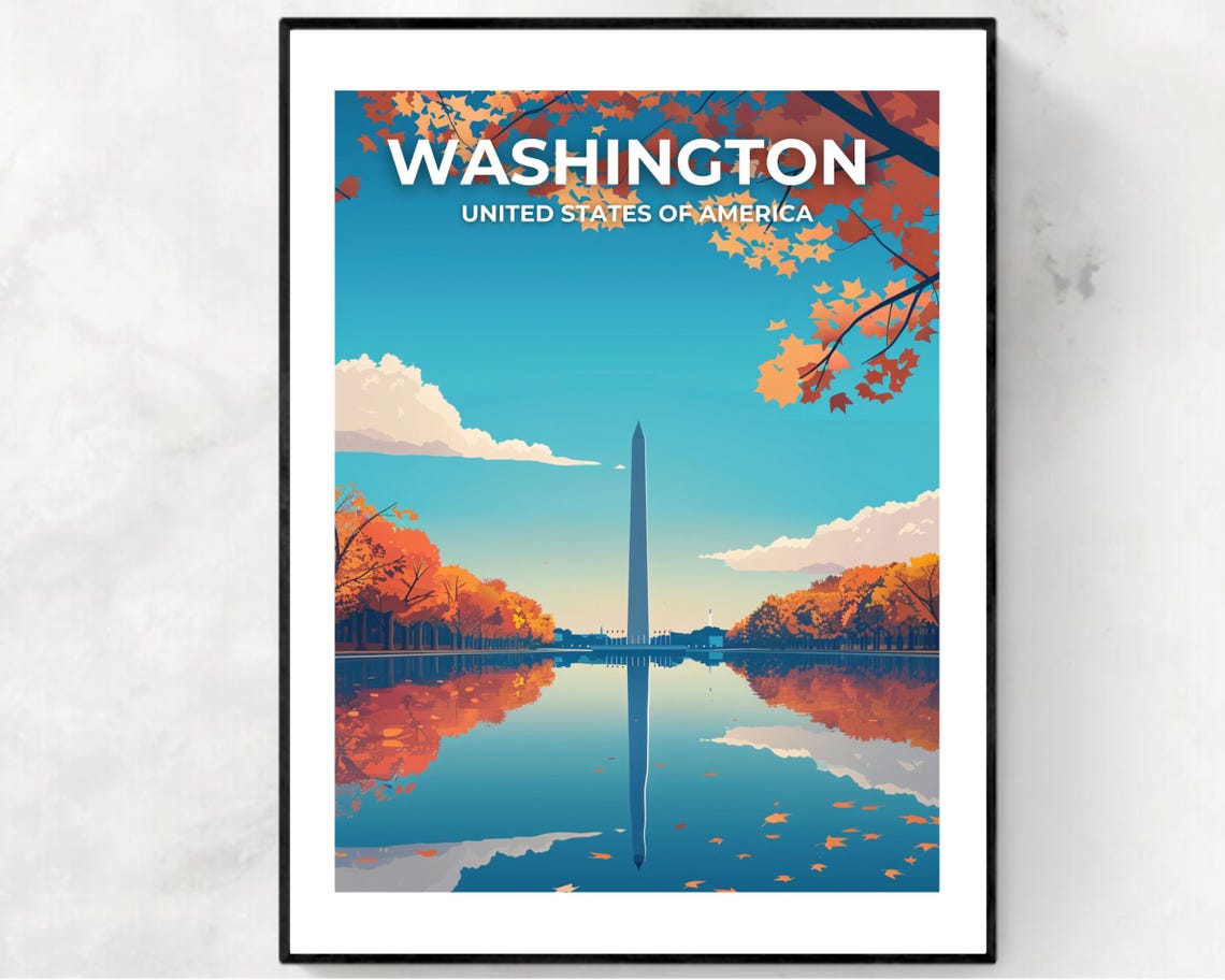 Washington DC Autumn Monument Reflecting Pool Top Title Travel Poster