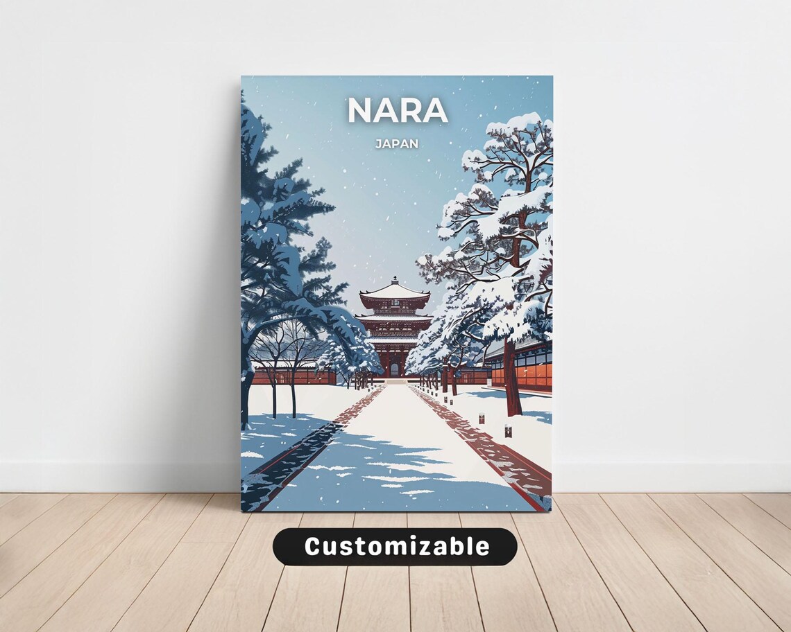 Nara Japan Winter Snow Temple Traditional Landscape Travel Poster