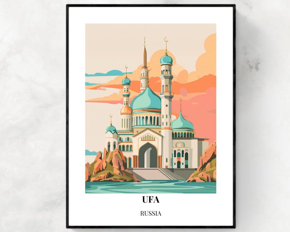 Ufa Russia Turquoise Domed Mosque Riverside Sunset Scenic Poster