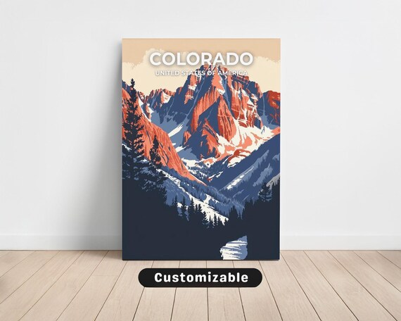 Colorado Rocky Mountains Red Snowy Peaks Vintage Travel Poster