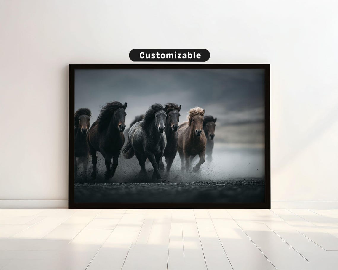 Icelandic Horses Running Across Rugged Black Sand Travel Poster