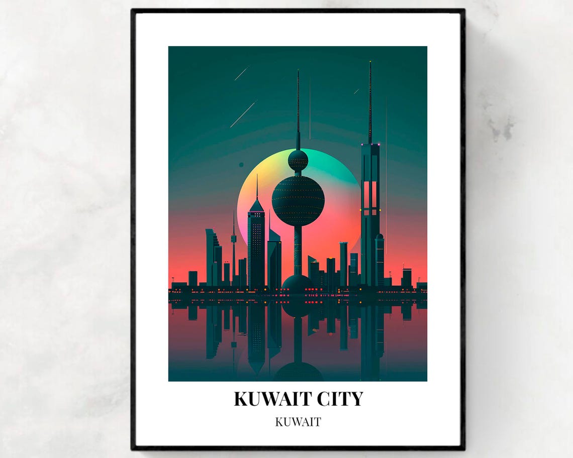 Kuwait City Towers Night Skyline Neon Sunset Reflection Travel Poster