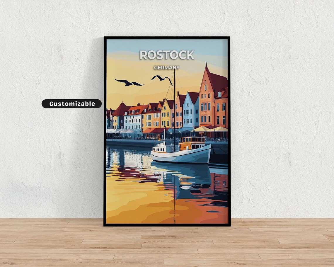 Rostock Germany Sunset Harbor Boats Old Houses Retro Travel Poster