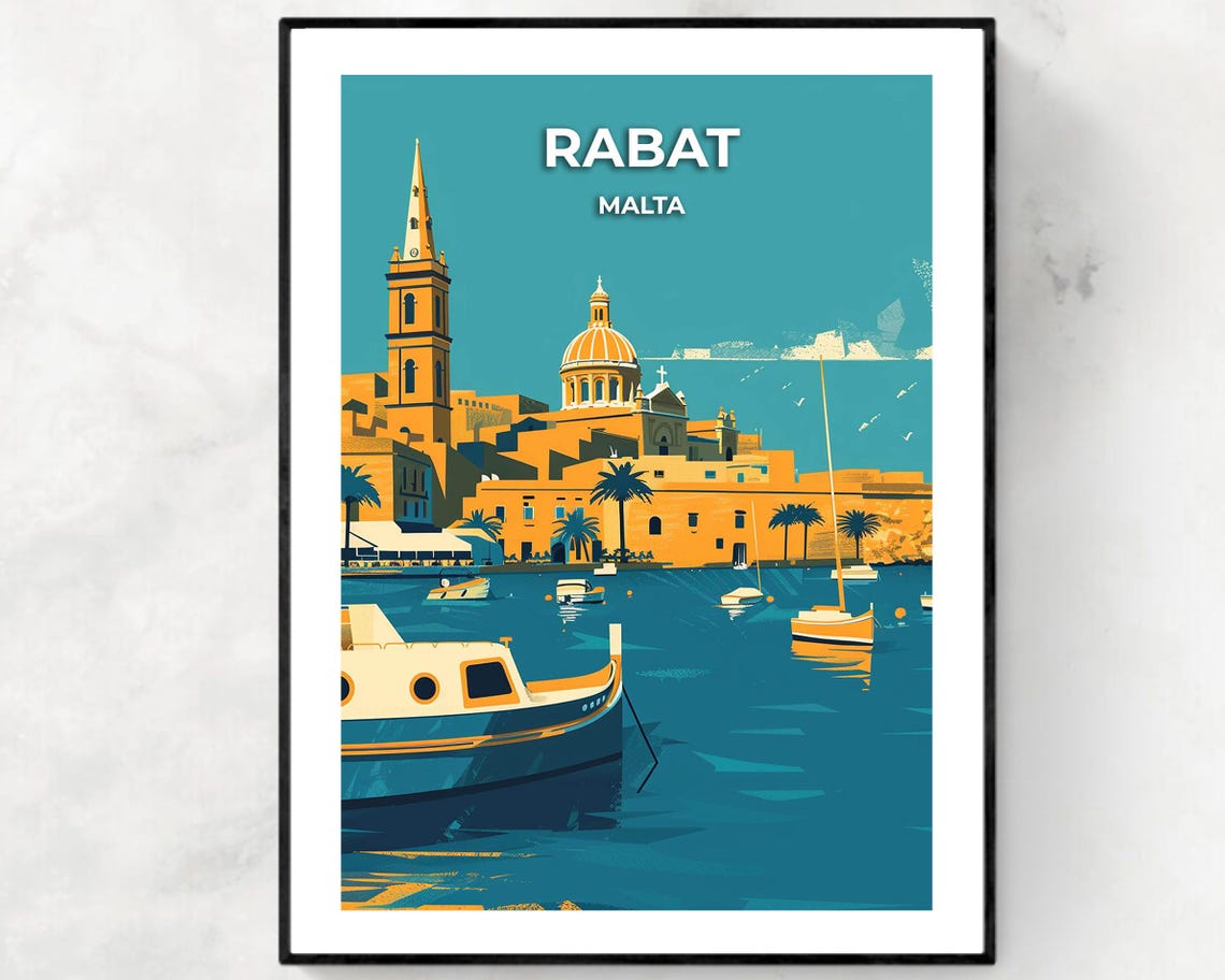 Rabat Malta Sunlit Harbor Boats Waterfront Vintage Travel Poster