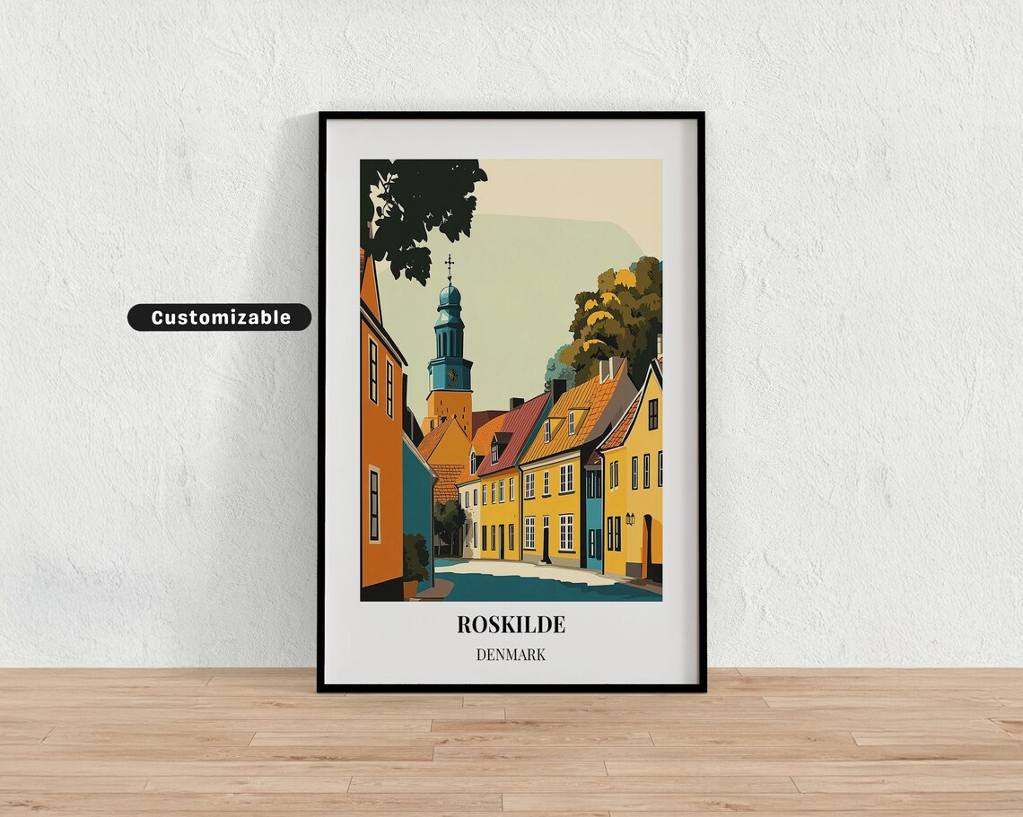 Roskilde Denmark Colorful Old Street Church Tower Art Travel Poster