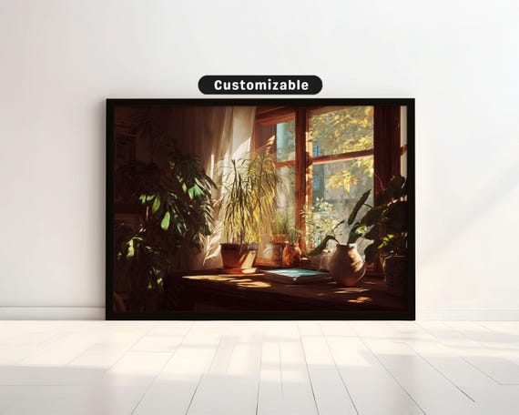 Warm Interior Scene With Window Light And Plants On Sill Bold Wall Art Mediterranean Botanical Decor
