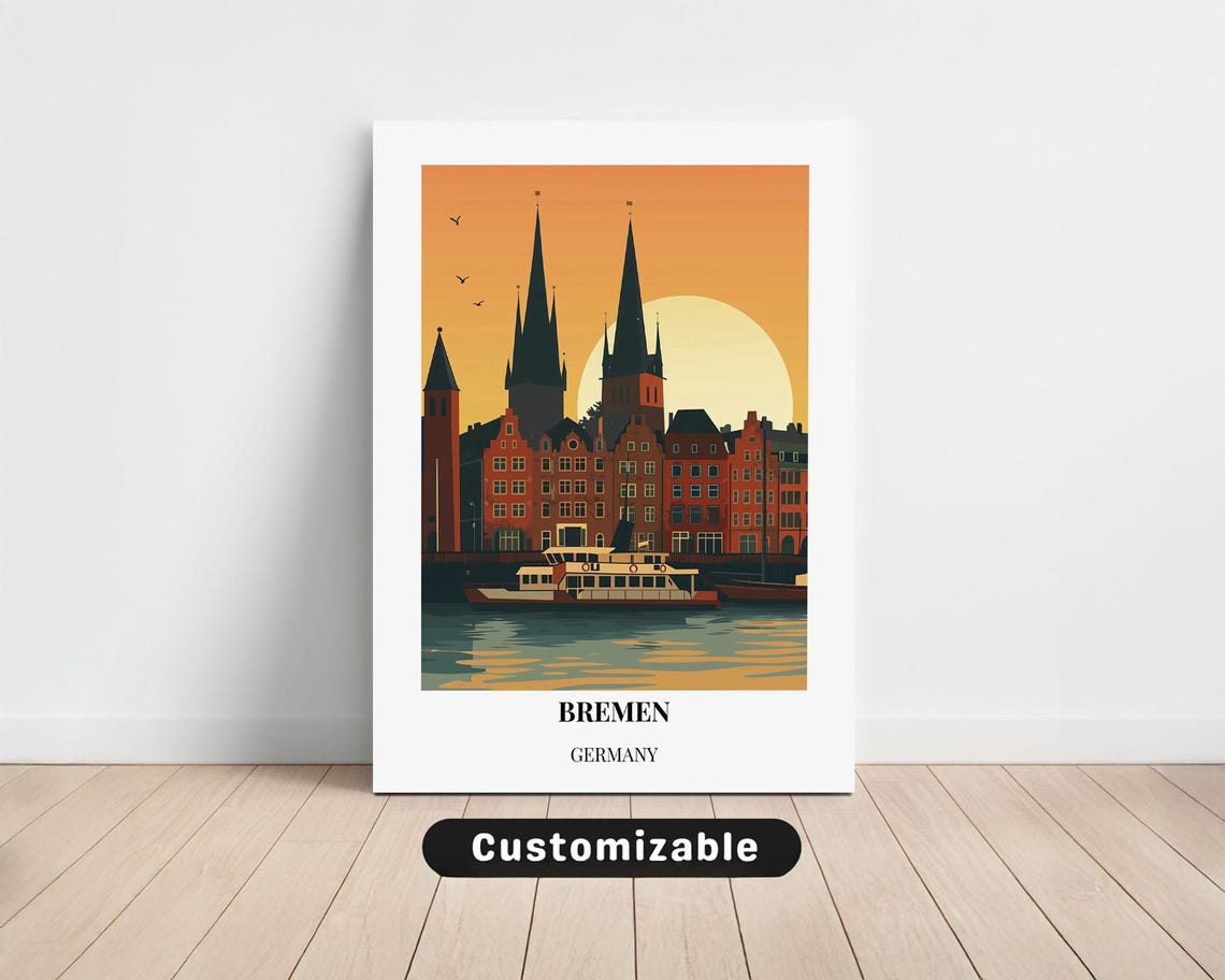 Bremen Germany River Sunset Skyline Spires Vintage Travel Poster