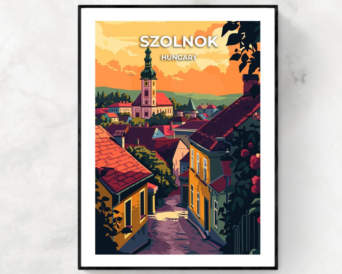 Szolnok Hungary Old Town Sunset Red Rooftops Vintage Travel Poster