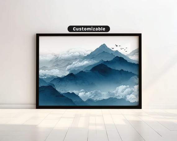 Ink Style Mountains Layered With Clouds And Distant Cranes Japanese Wall Art Print Zen Asian Decor