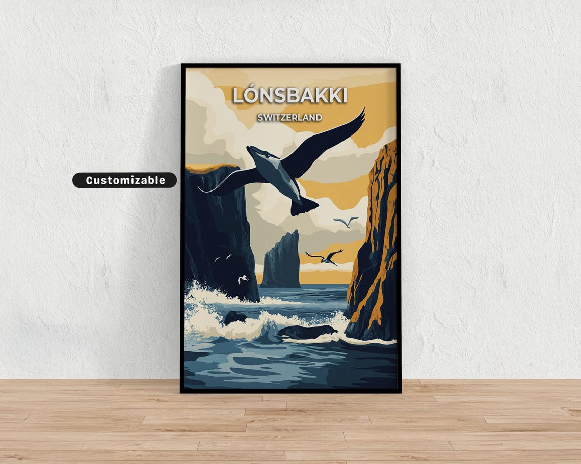 Lonsbakki Switzerland Seabird Cliffs Ocean Waves Travel Poster