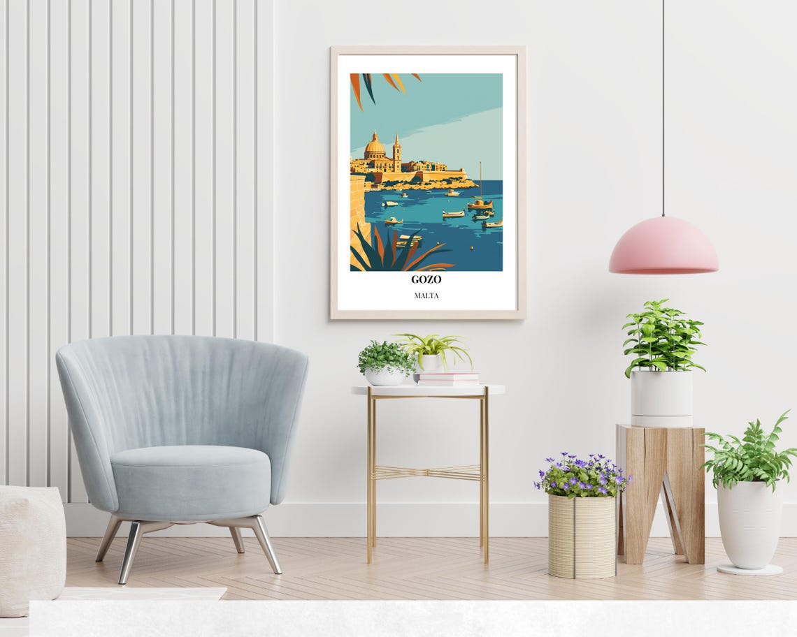 Gozo Malta Sunlit Harbor Boats and Cathedral Vintage Travel Poster - Image 2