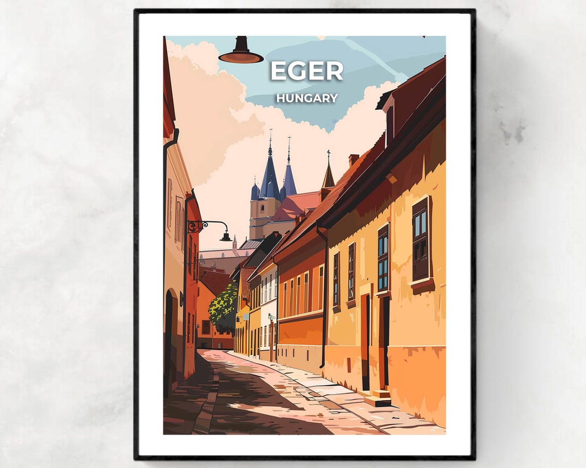 Eger Hungary Old Town Street Cathedral Spires Vintage Travel Poster