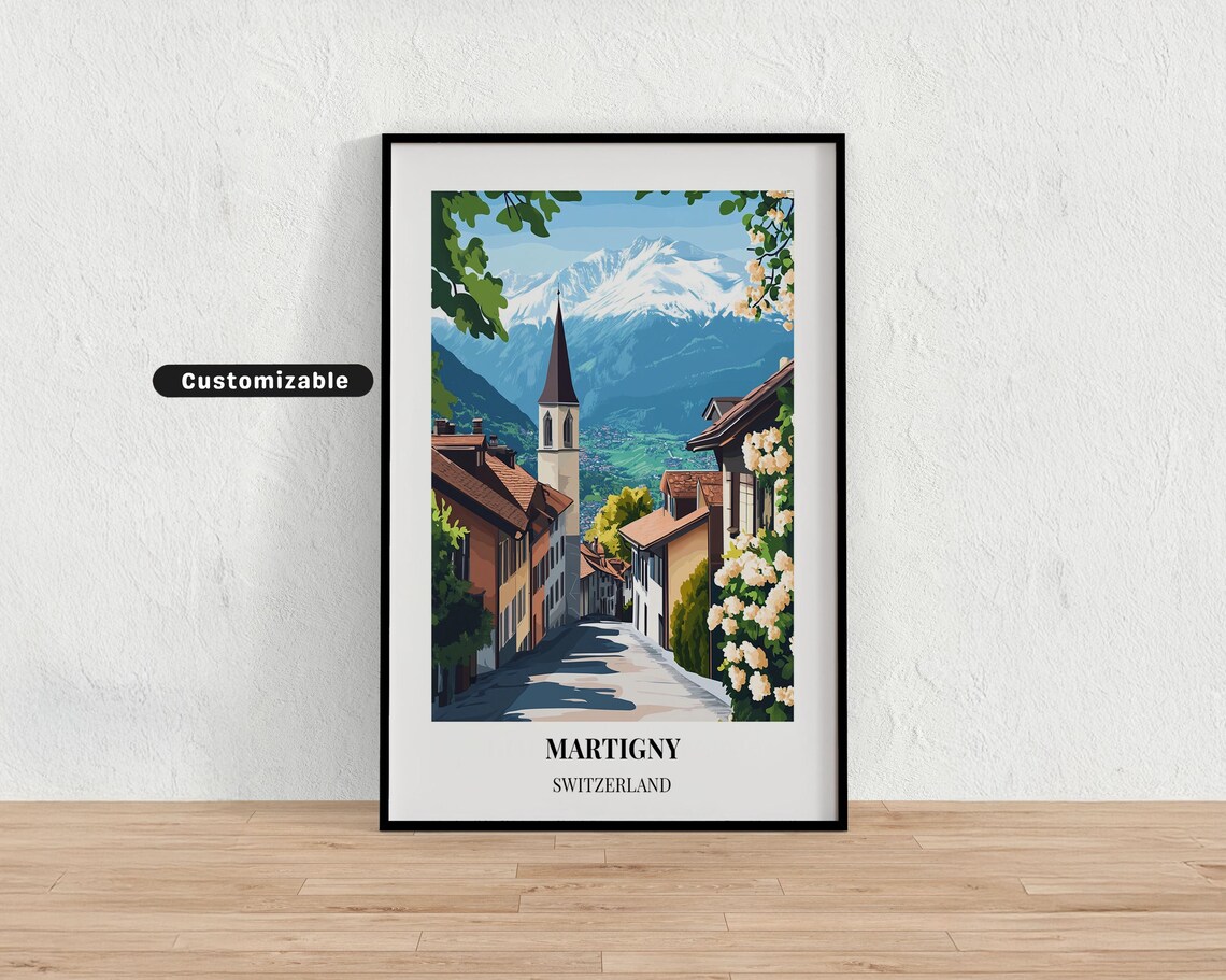 Martigny Switzerland Cobblestone Street Church Spire Alpine Poster