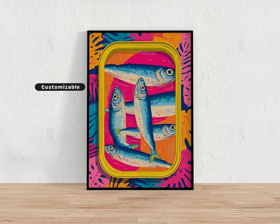 Pop Artstyle Sardines In A Tin With Vibrant Colors And Retro Shapes Mediterranean Colorful Wall Art Tropical Illustration Print Moder