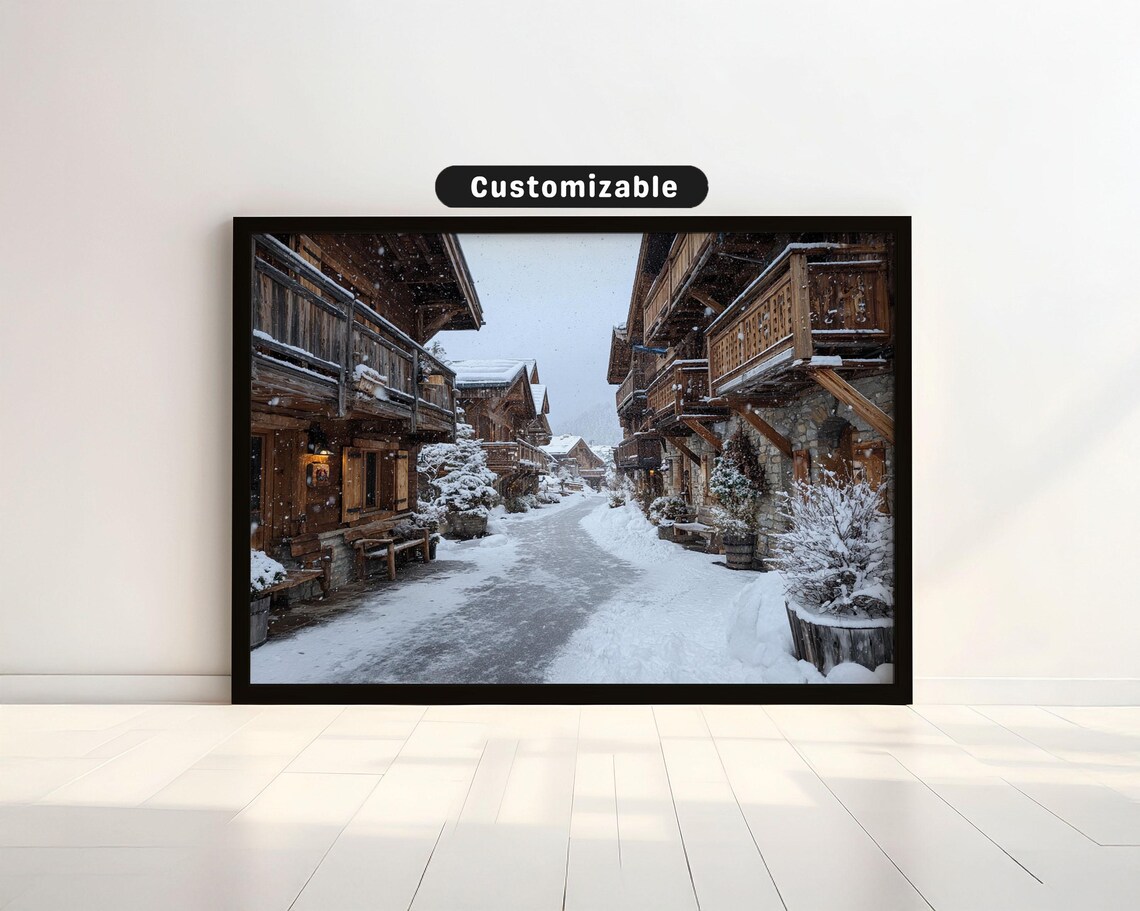 Quiet Snowy Village Street Wooden Chalets Winter Travel Poster
