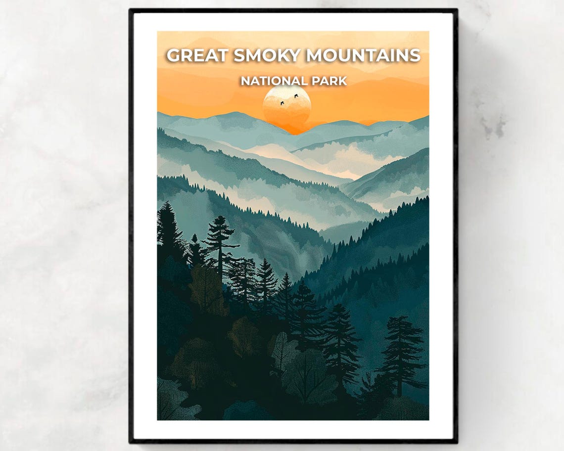 Great Smoky Mountains Misty Golden Valley Sunset Haze Poster