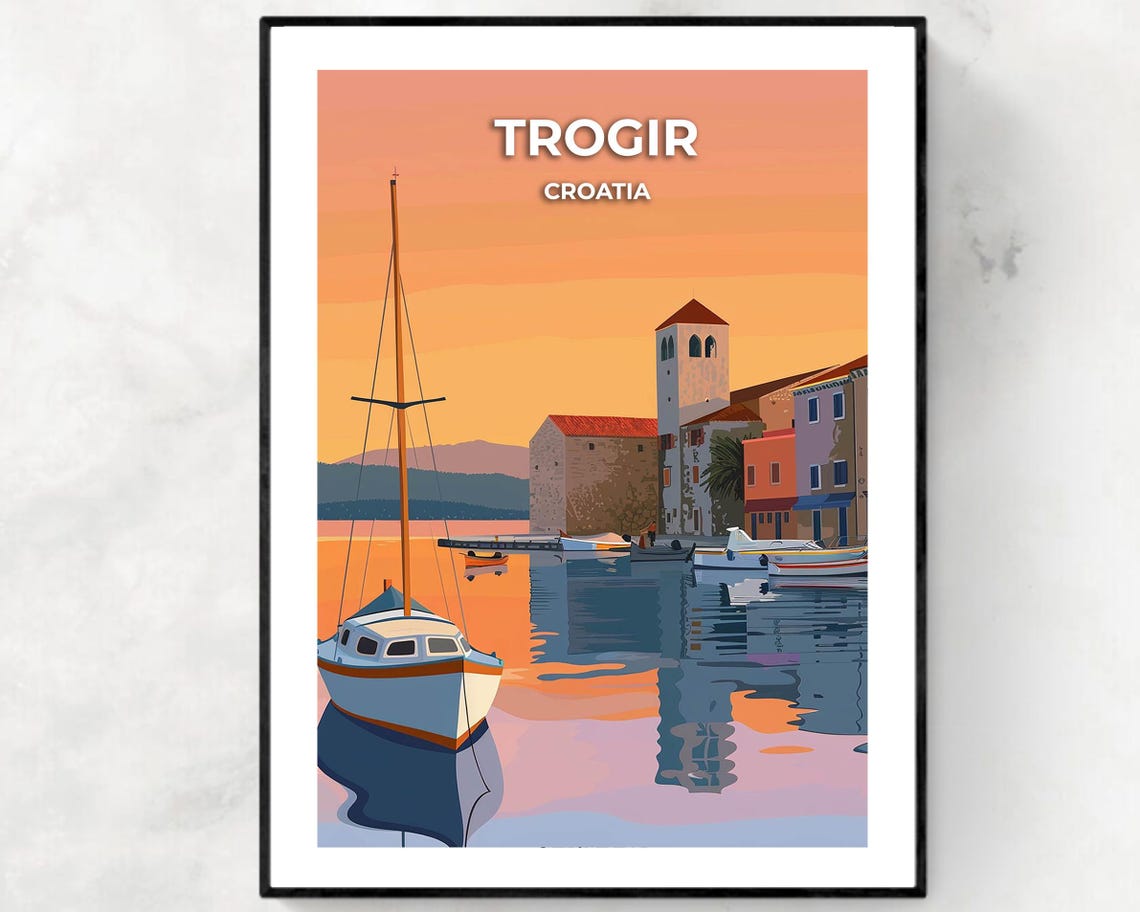Trogir Croatia Sunset Harbor Sailboat Vintage Travel Art Poster
