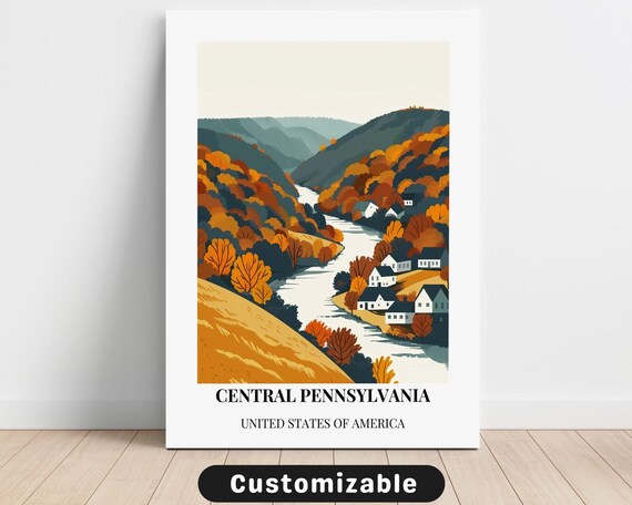 Central Pennsylvania Fall River Valley Retro Travel Style Poster