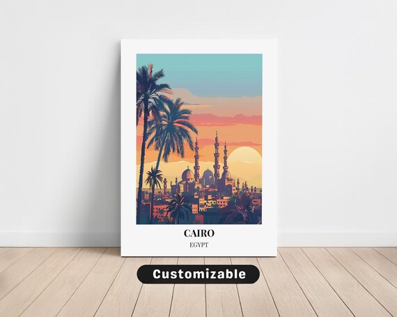 Cairo Egypt Sunset Mosque Minarets Palm Trees Skyline Travel Poster