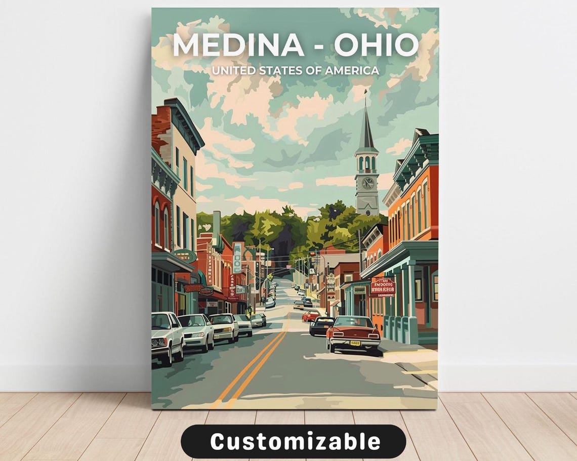 Medina Ohio Small Town Main Street Custom Retro Travel Poster