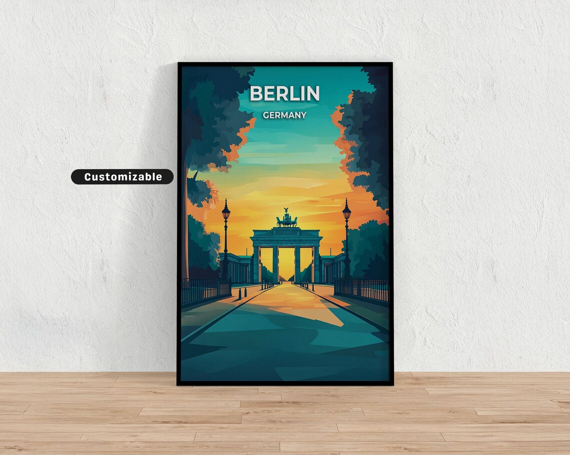 Berlin Germany Grand Brandenburg Gate Sunset Avenue Travel Poster