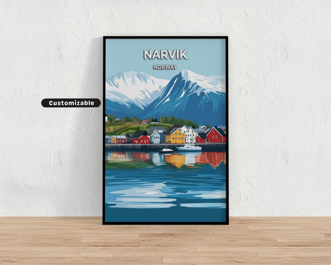 Narvik Norway Waterfront Houses Reflections Mountain Travel Poster
