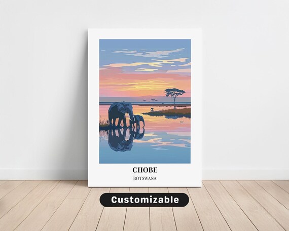 Chobe Botswana Elephant Waterhole Sunset Reflection Travel Poster