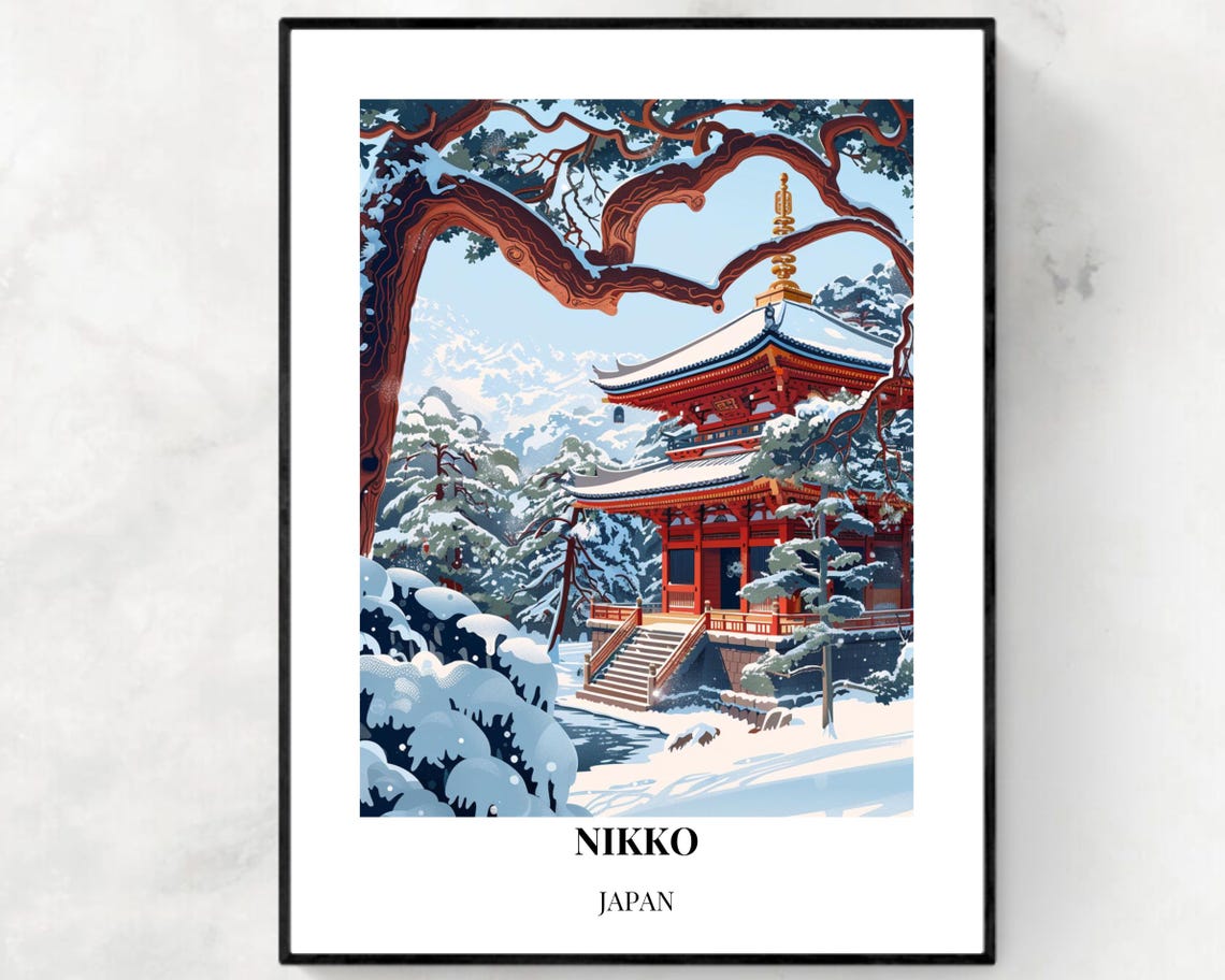 Nikko Japan Snow Covered Red Temple Winter Wonderland Travel Poster