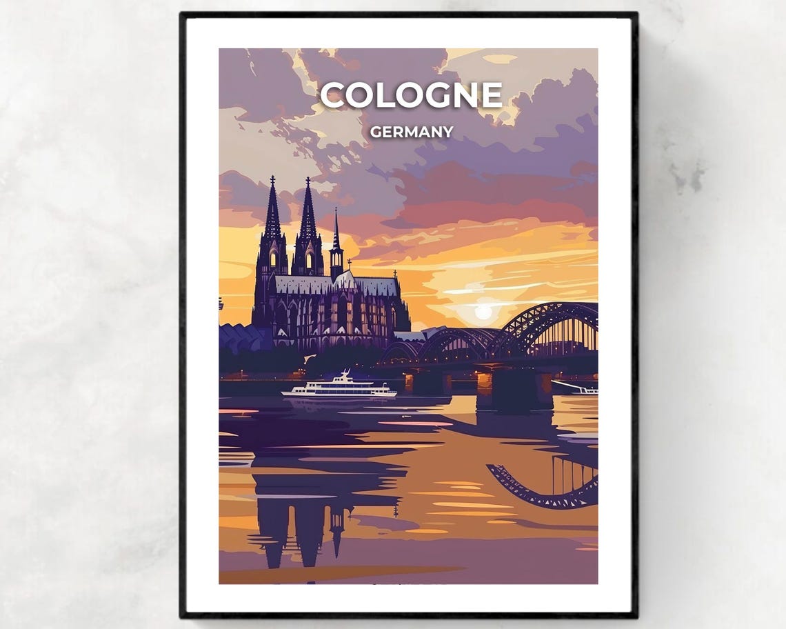 Cologne Germany Cathedral and Rhine River Sunset Bridge Travel Poster