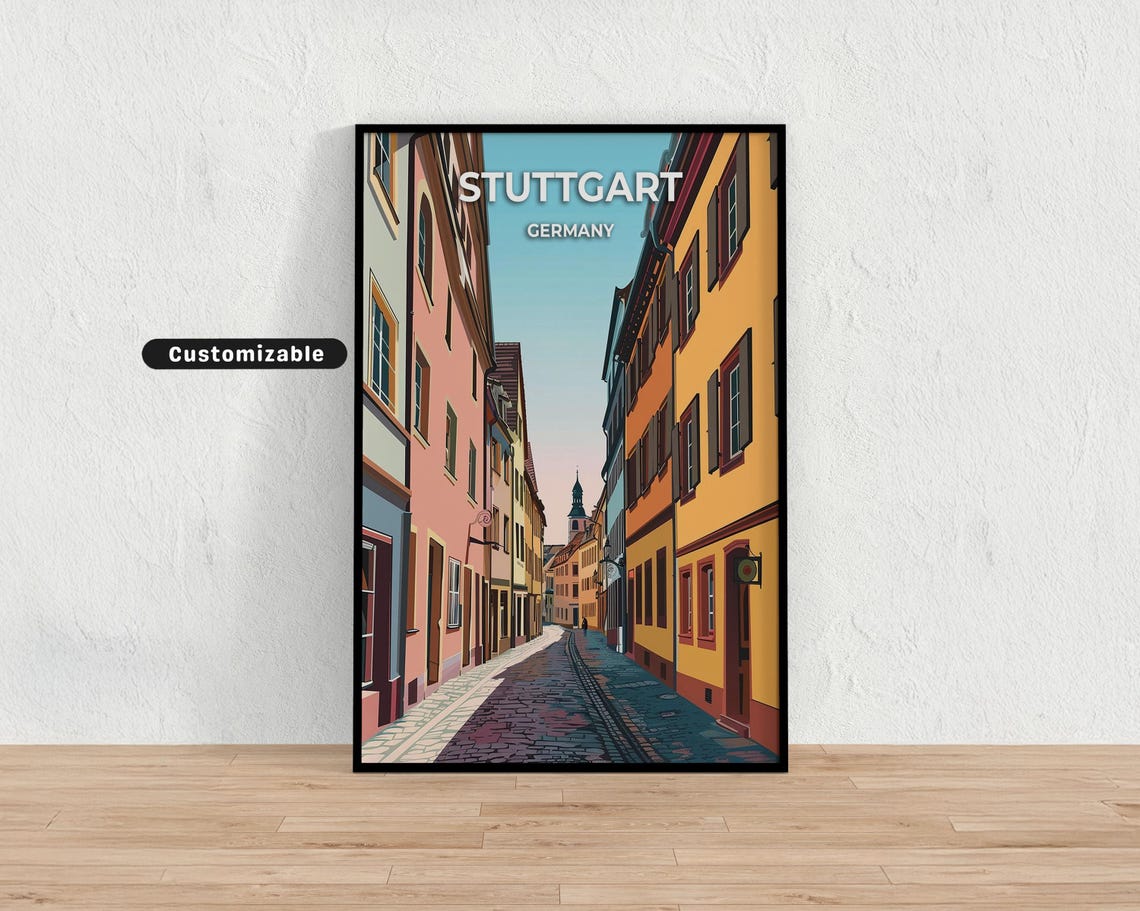 Stuttgart Germany Cobblestone Street Old Town Scene Travel Poster