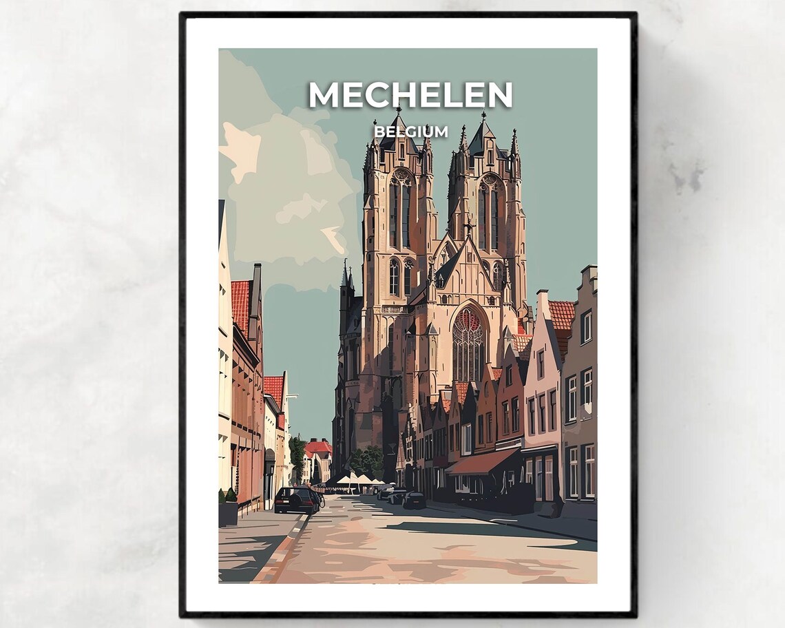 Mechelen Belgium St Rumbolds Cathedral Street View Travel Poster