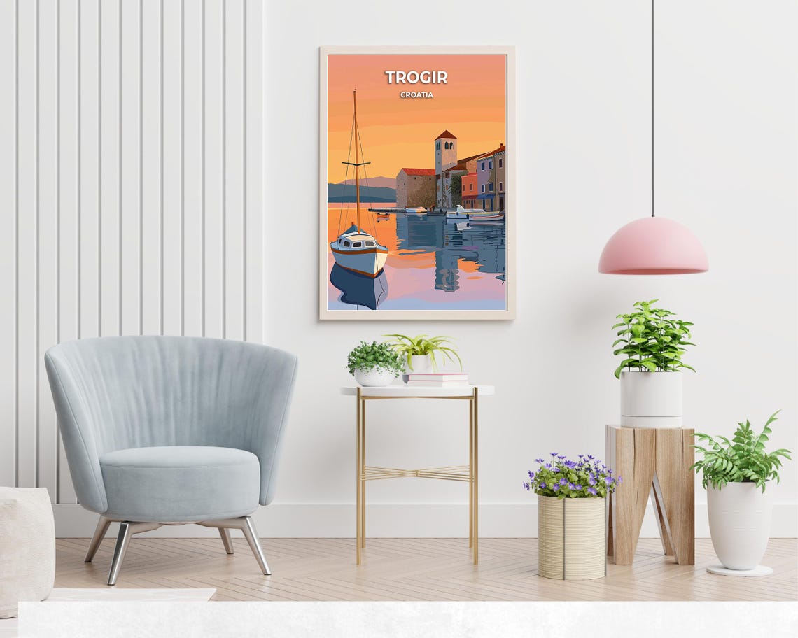 Trogir Croatia Sunset Harbor Sailboat Vintage Travel Art Poster - Image 2