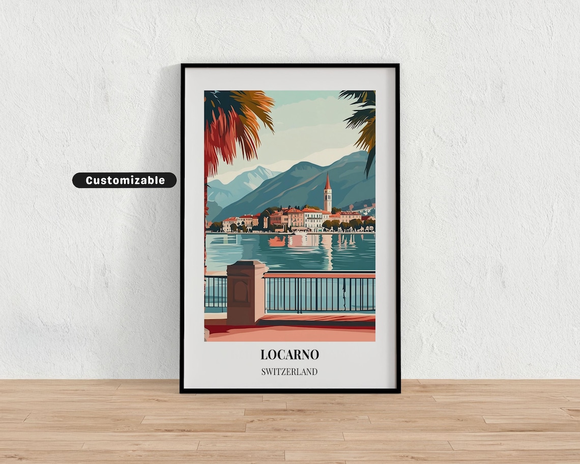 Locarno Switzerland Lakeside Promenade Palm Mountain Travel Poster