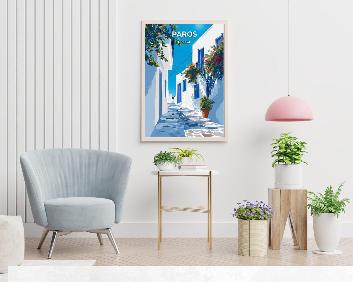 Paros Greece Whitewashed Cycladic Alley Blue Shutters Travel Poster - Image 2
