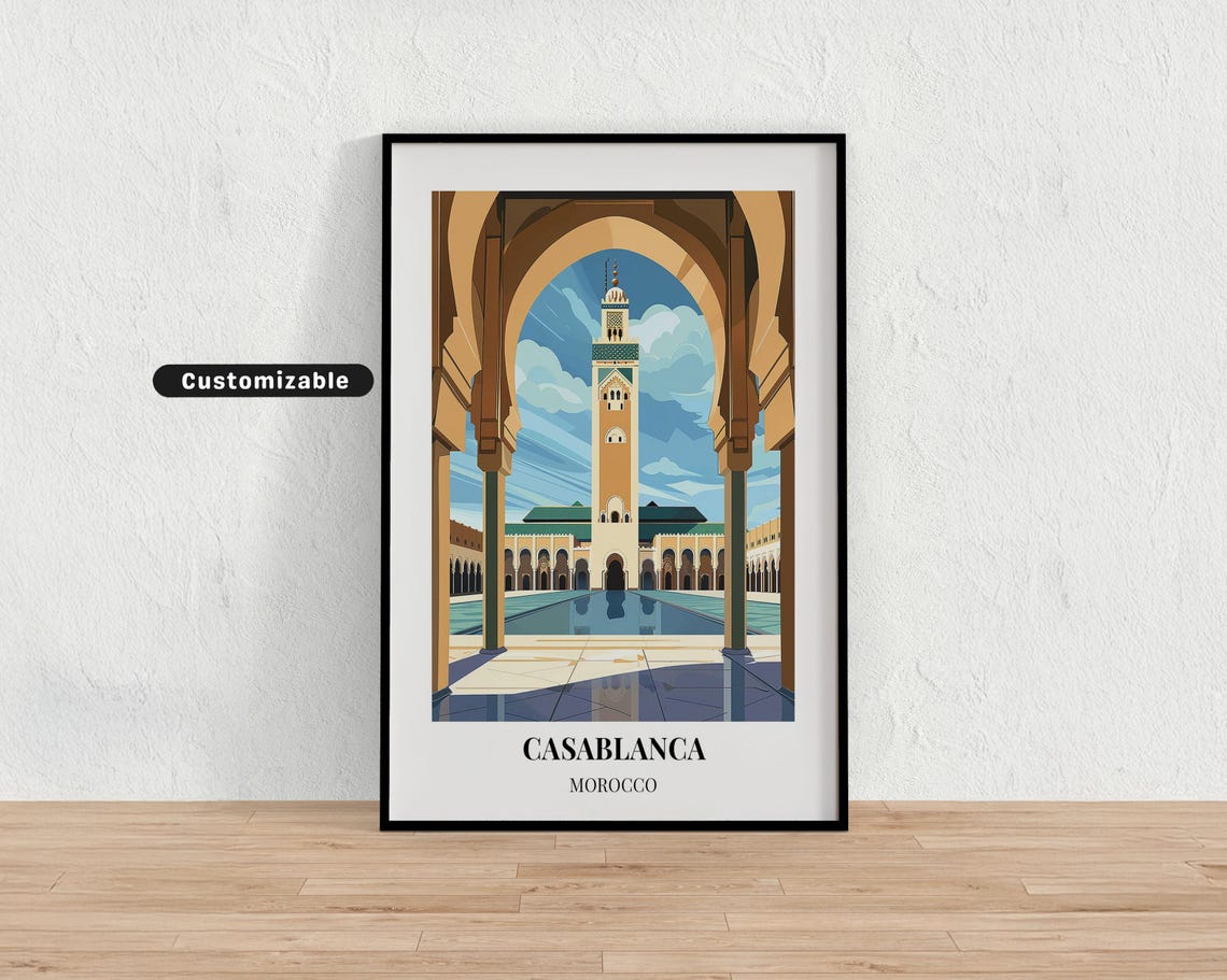 Casablanca Morocco Travel Poster Hassan II Mosque Through Arches