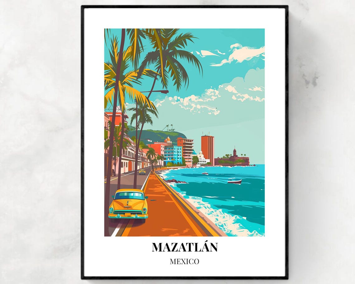Mazatlan Mexico Malecon Classic Car Oceanfront Travel Poster