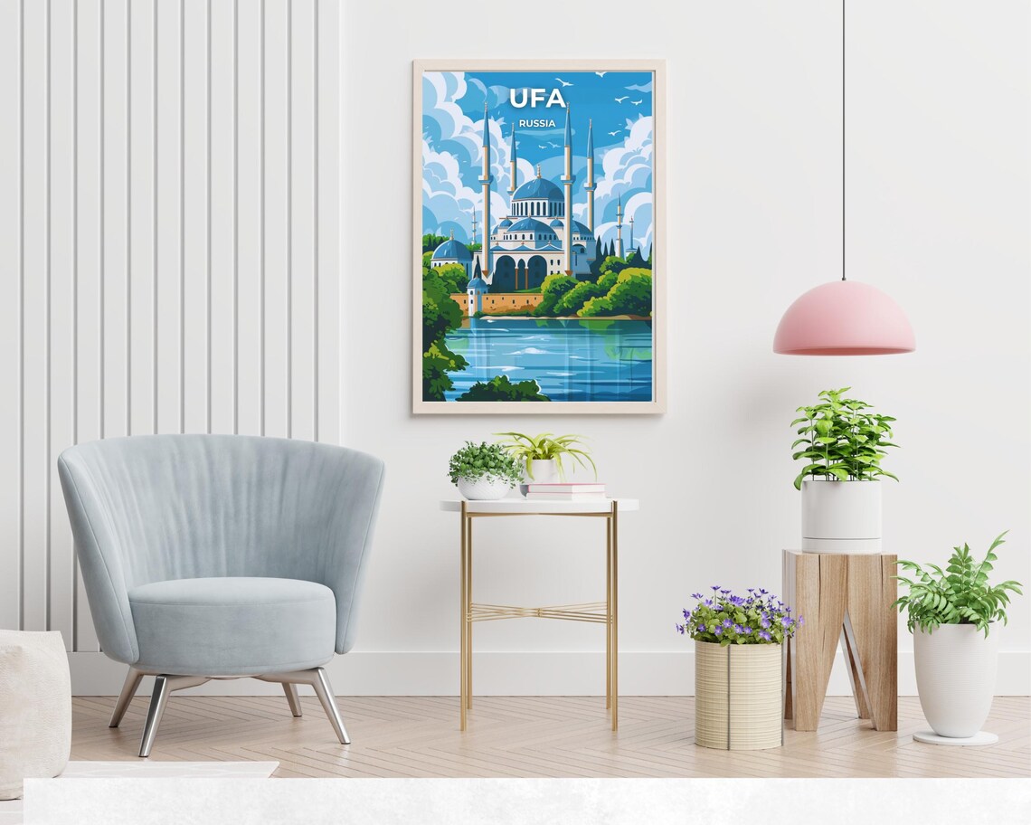 Ufa Russia Grand Mosque Lakeside Skyline Vintage Travel Poster - Image 2