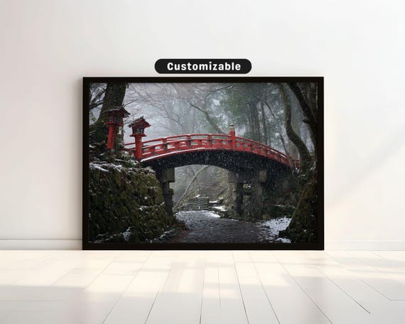 Snow Falling On Mossy Stone Bridge And Red Torii Japanese Wall Art Print Zen Asian Decor